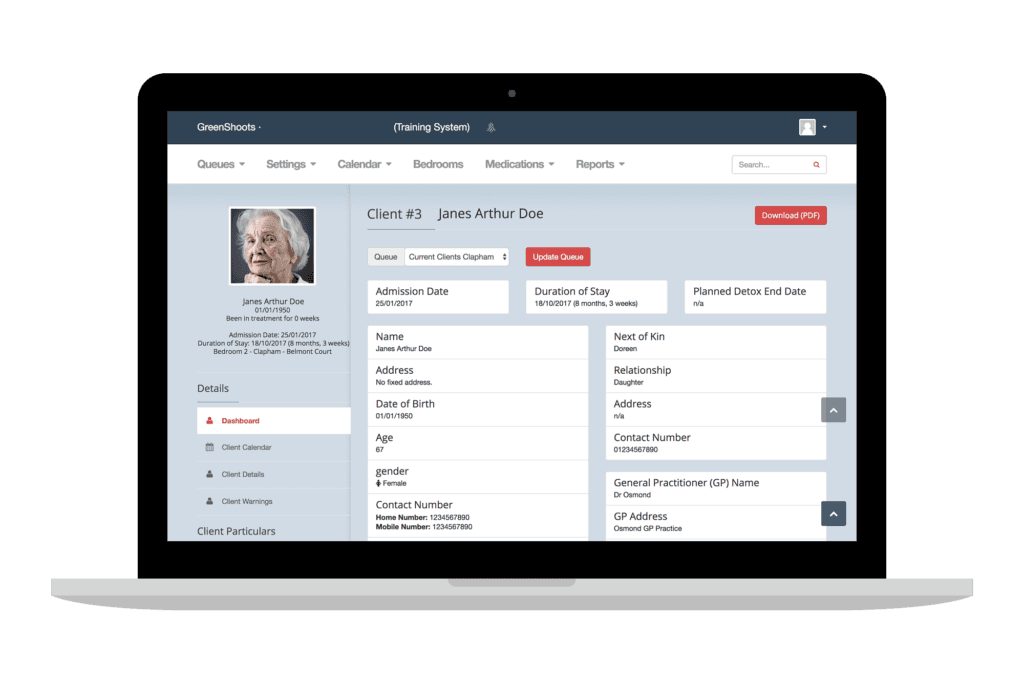 GreenShoots case management dashboard shown on a laptop